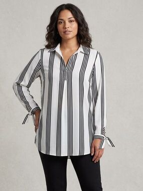 Elle Black and White Striped Long Sleeve Tunic with Tie Details on Cuffs